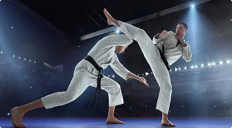 Os competidores de karatê demonstram habilidades avançadas de artes marciais durante um intenso combate de campeonato, exibindo velocidade, precisão, disciplina e espírito competitivo.